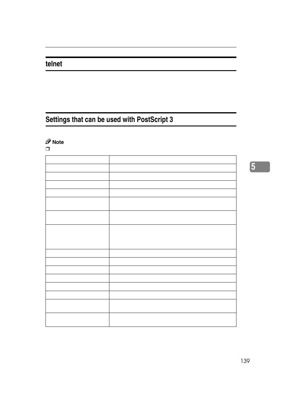 Telnet, Settings that can be used with postscript 3, Telnet settings that can be used with postscript 3 | Ricoh 7500 User Manual | Page 147 / 158