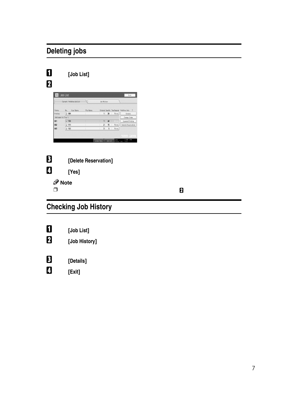 Deleting jobs, Checking job history, Deleting jobs checking job history | Ricoh 7500 User Manual | Page 15 / 158