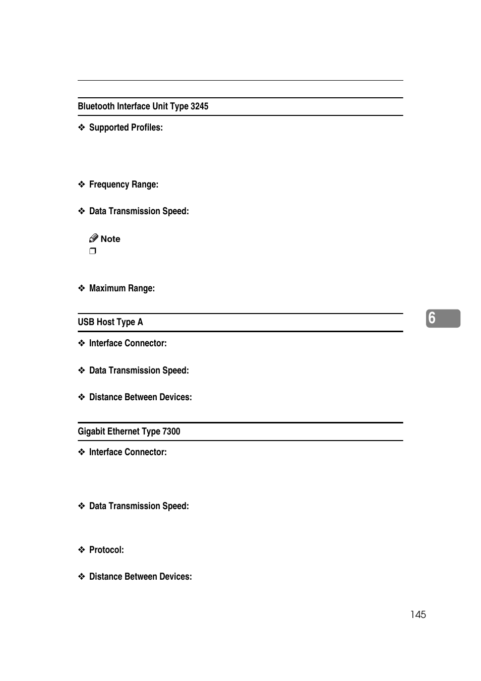 Bluetooth interface unit type 3245, Usb host type a, Gigabit ethernet type 7300 | Ricoh 7500 User Manual | Page 153 / 158