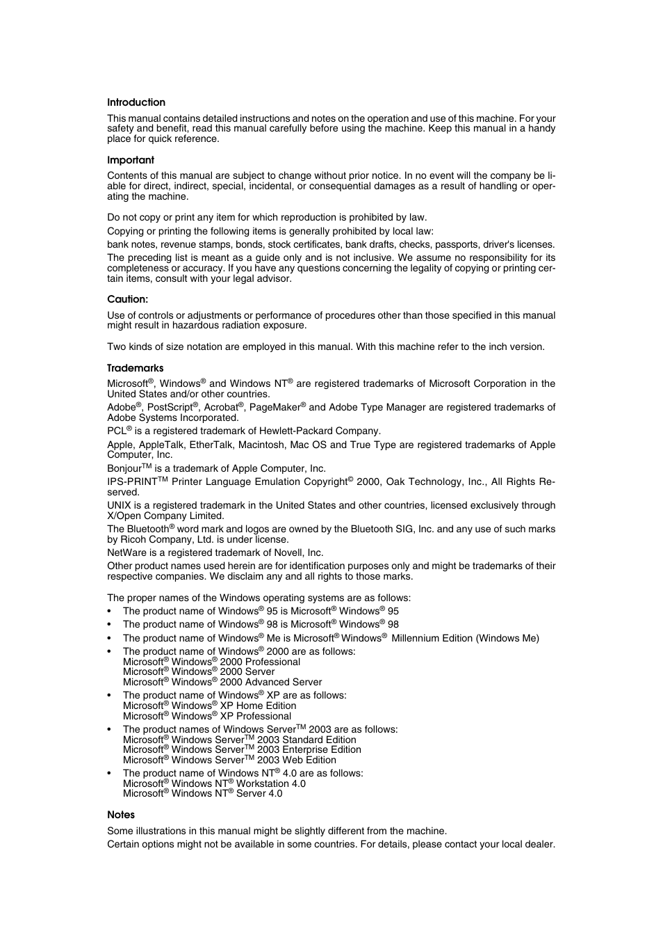 Introduction, Important, Caution | Trademarks | Ricoh 7500 User Manual | Page 2 / 158