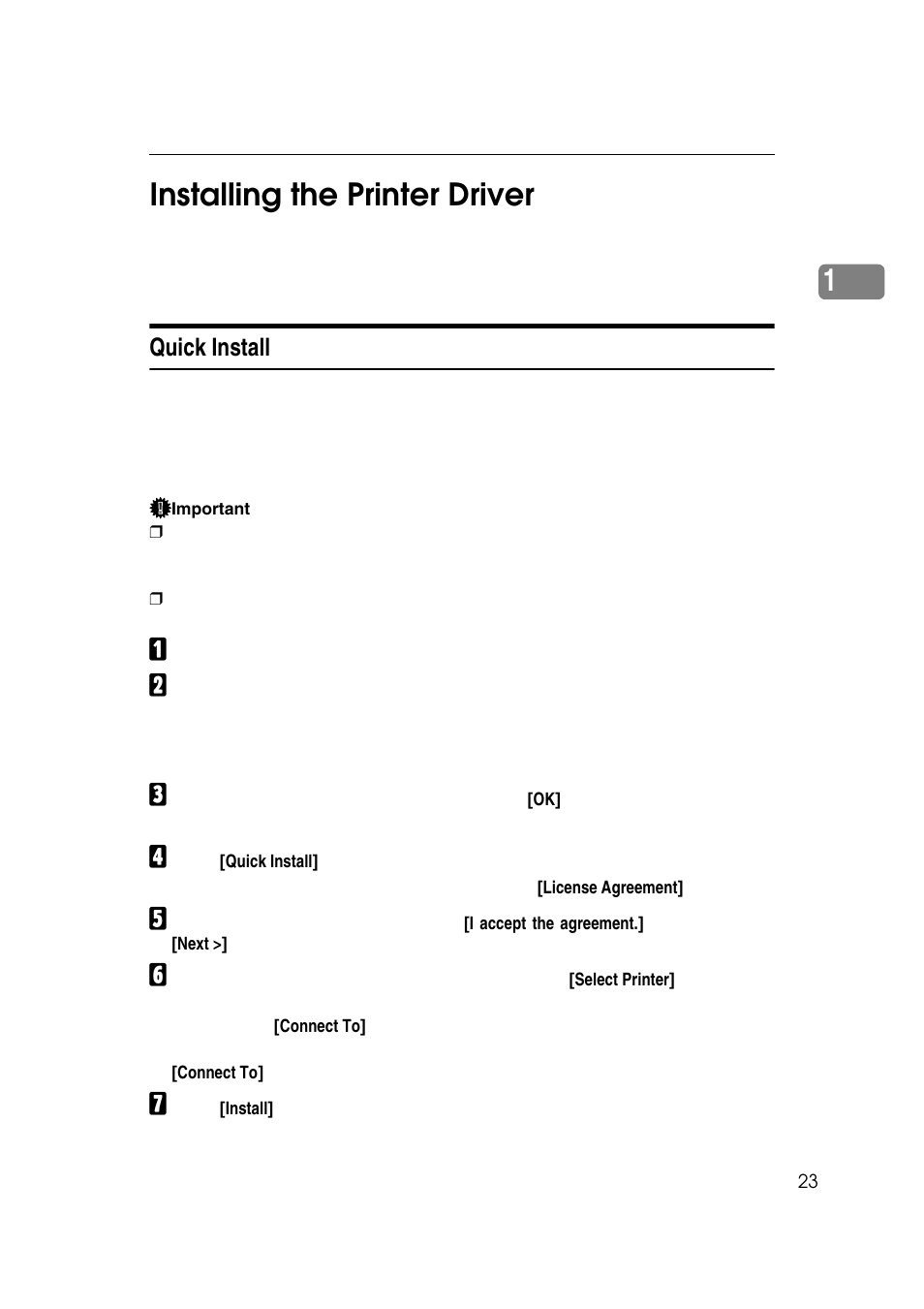 Installing the printer driver, Quick install, 1installing the printer driver | Ricoh 7500 User Manual | Page 31 / 158
