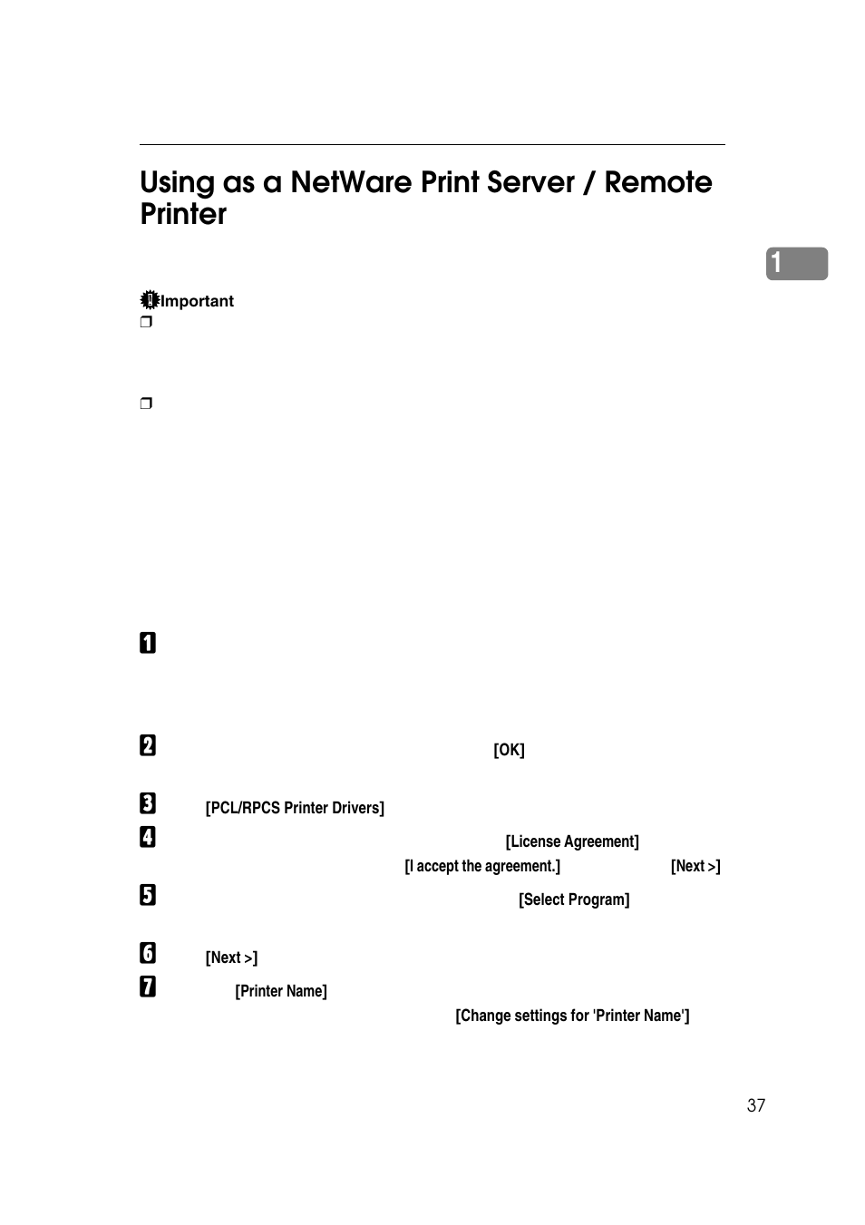Using as a netware print server / remote printer, 1using as a netware print server / remote printer | Ricoh 7500 User Manual | Page 45 / 158