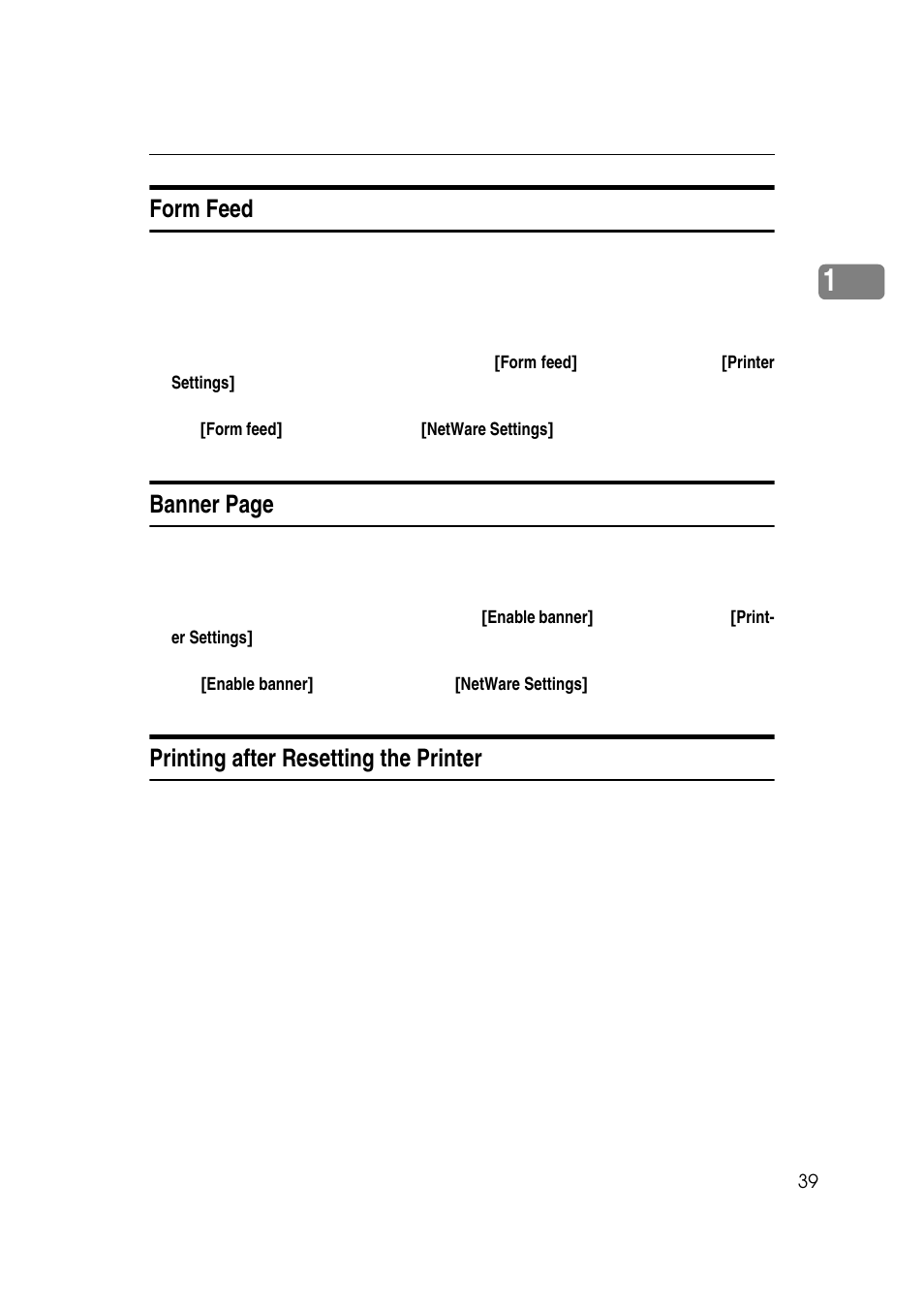 Form feed, Printing after resetting the printer, Banner page | Ricoh 7500 User Manual | Page 47 / 158