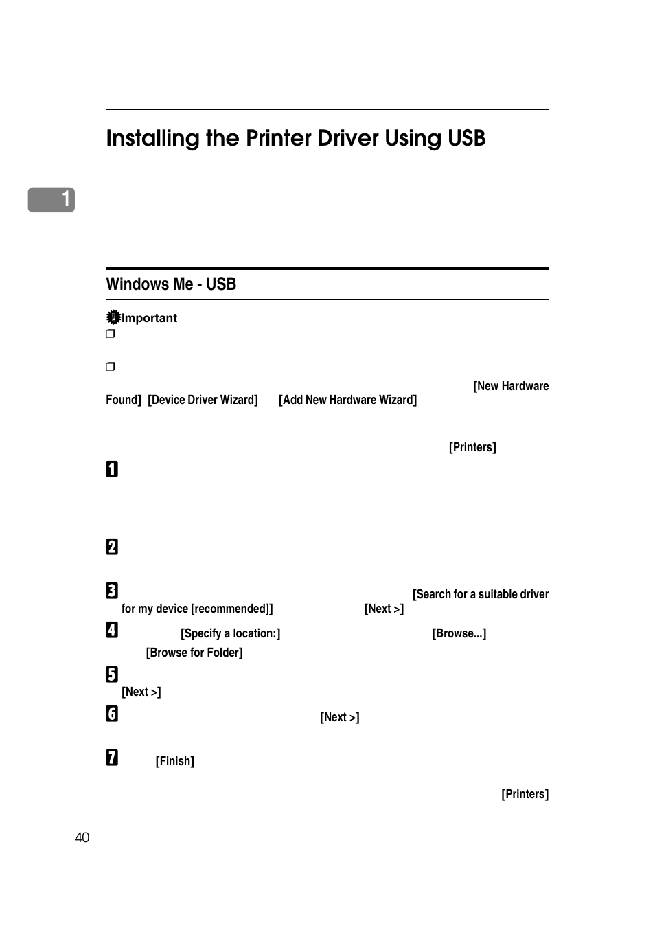 Installing the printer driver using usb, Windows me - usb, E p.40 “installing the printer driver using usb | 1installing the printer driver using usb | Ricoh 7500 User Manual | Page 48 / 158