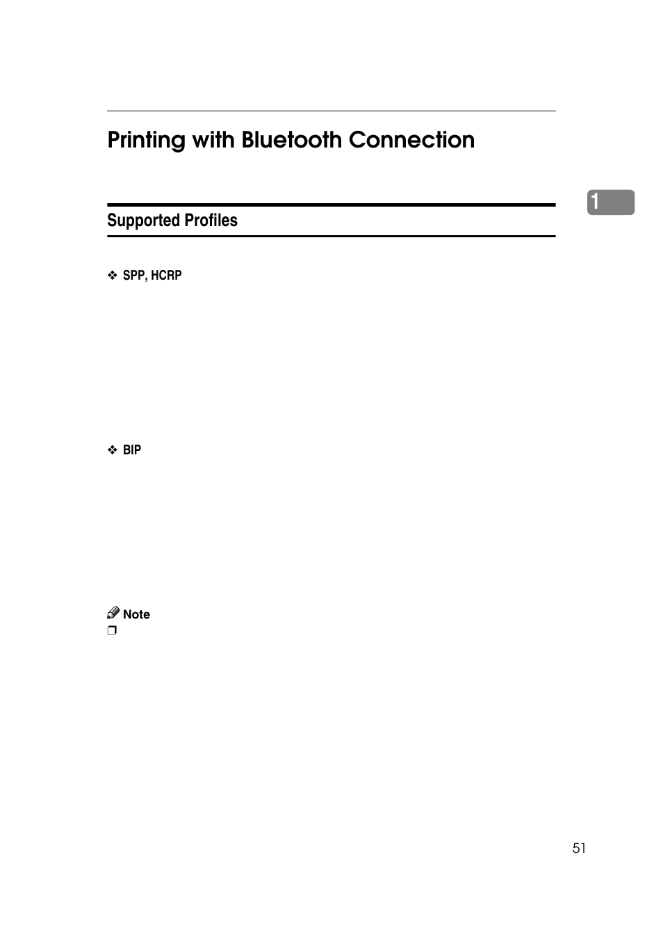 Printing with bluetooth connection, Supported profiles, 1printing with bluetooth connection | Ricoh 7500 User Manual | Page 59 / 158