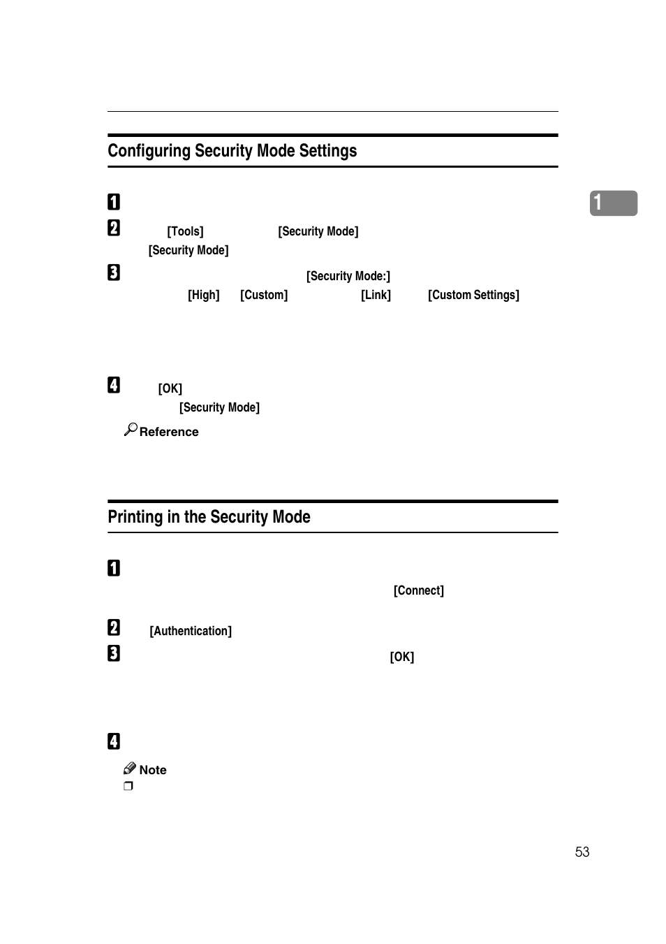 Configuring security mode settings, Printing in the security mode | Ricoh 7500 User Manual | Page 61 / 158