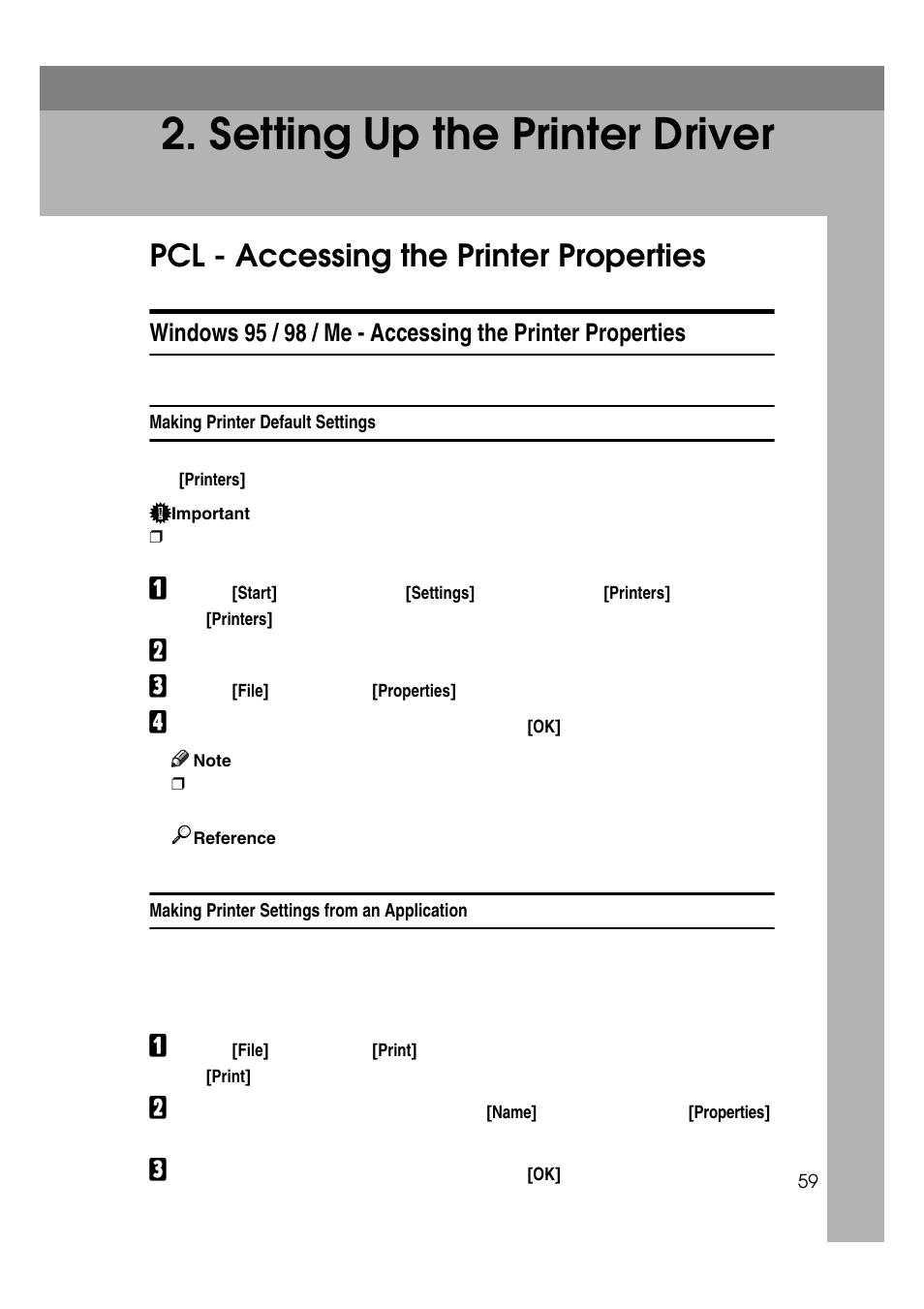 Setting up the printer driver, Pcl - accessing the printer properties, Making printer default settings | Making printer settings from an application | Ricoh 7500 User Manual | Page 67 / 158