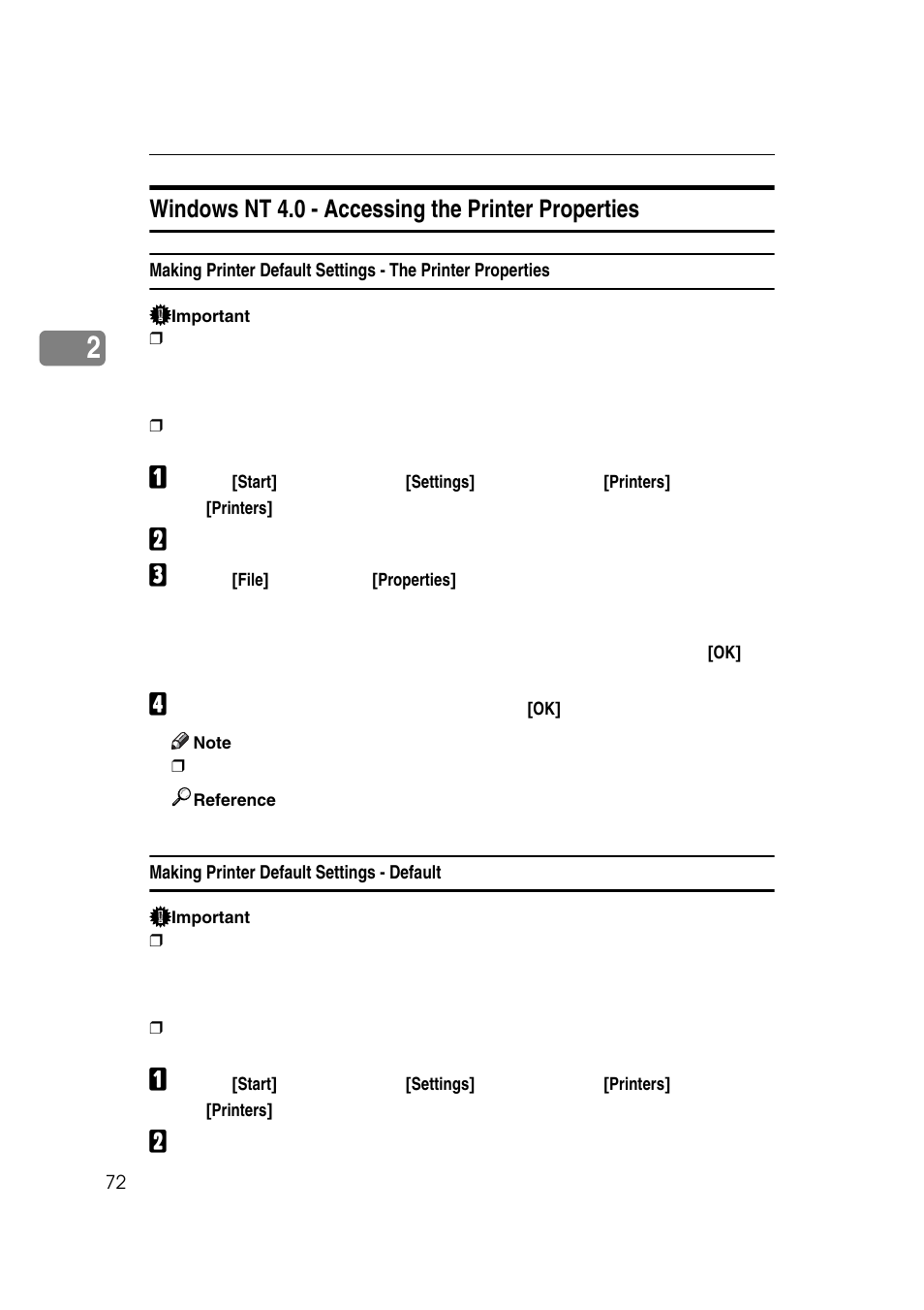Windows nt 4.0 - accessing the printer properties, Making printer default settings - default | Ricoh 7500 User Manual | Page 80 / 158