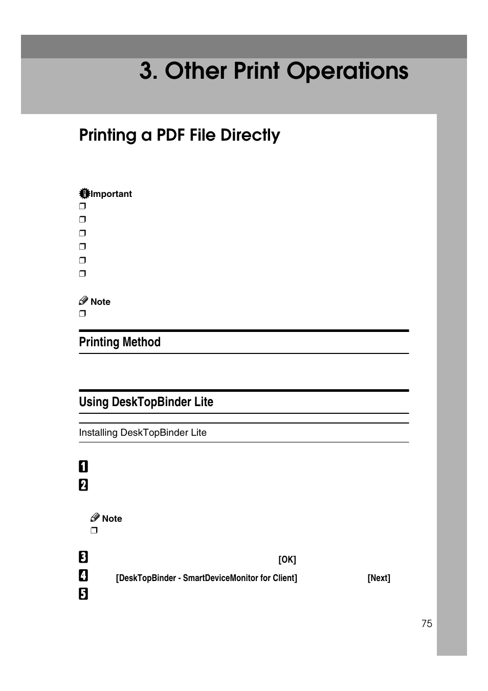 Other print operations, Printing a pdf file directly, Printing method | Using desktopbinder lite, Printing method using desktopbinder lite | Ricoh 7500 User Manual | Page 83 / 158