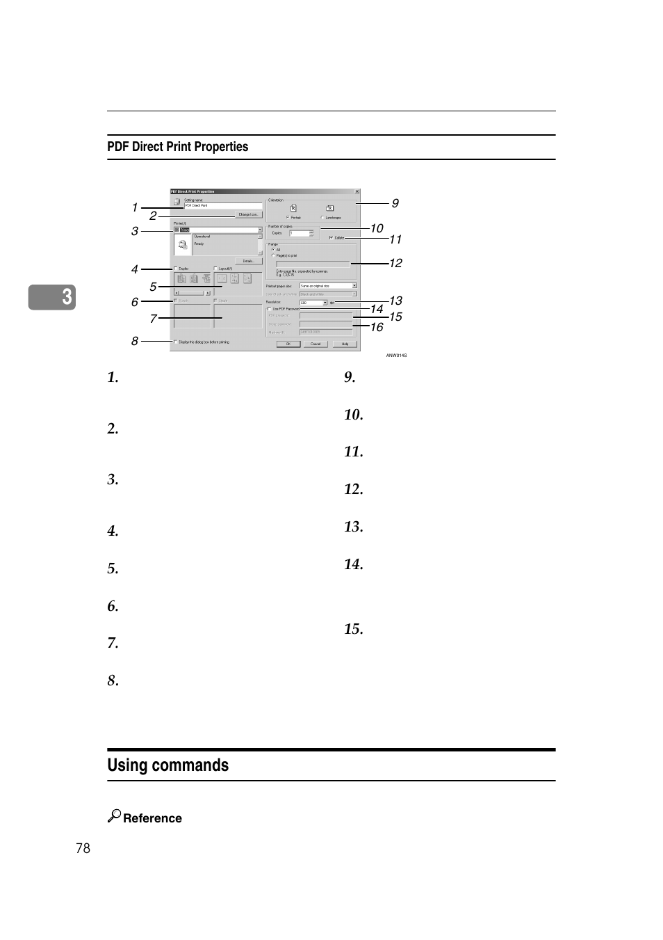 Pdf direct print properties, Using commands | Ricoh 7500 User Manual | Page 86 / 158