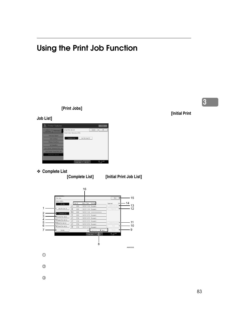 Using the print job function, 3using the print job function, Complete list | Ricoh 7500 User Manual | Page 91 / 158