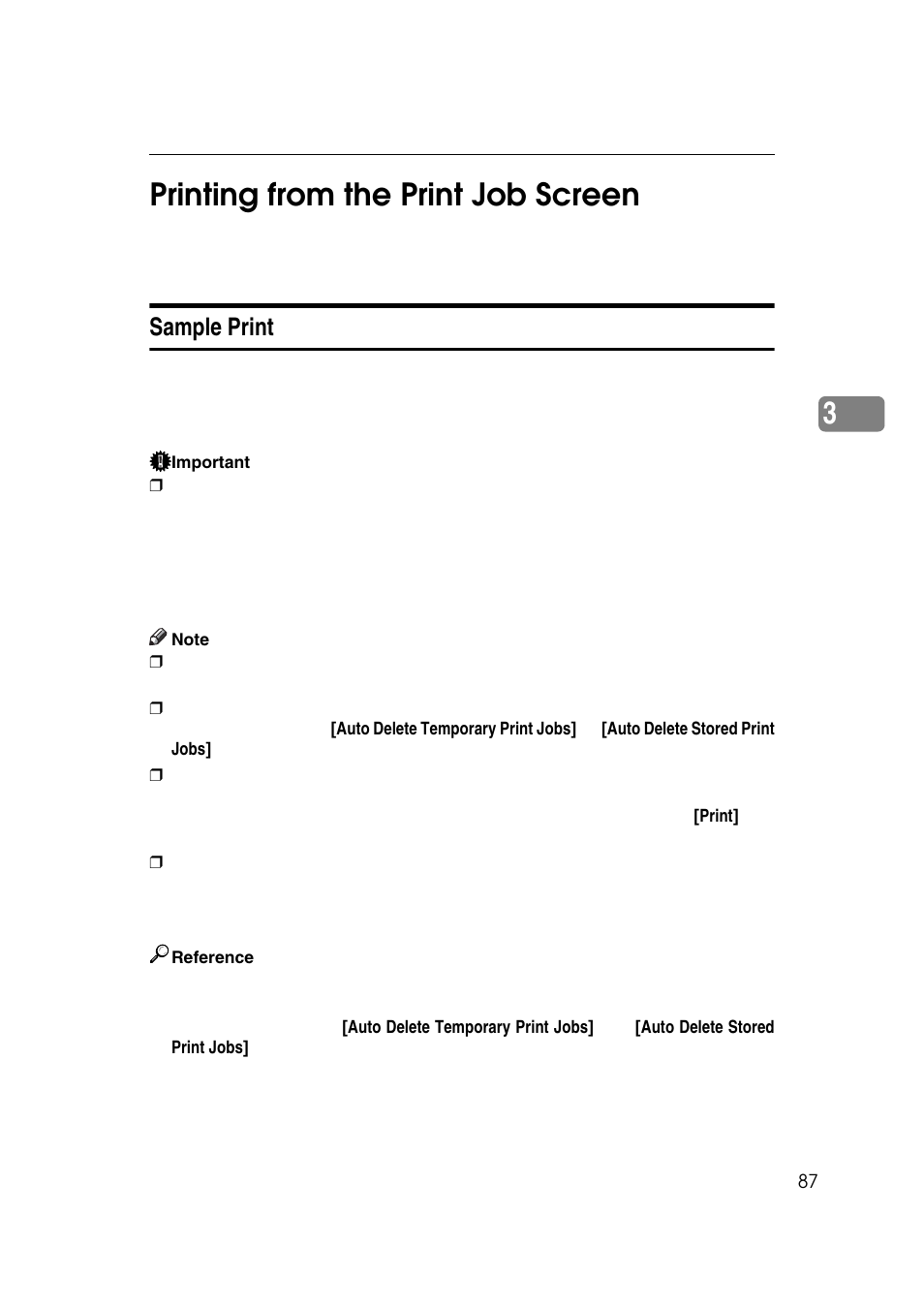Printing from the print job screen, Sample print, P.87 “sample print | 3printing from the print job screen | Ricoh 7500 User Manual | Page 95 / 158