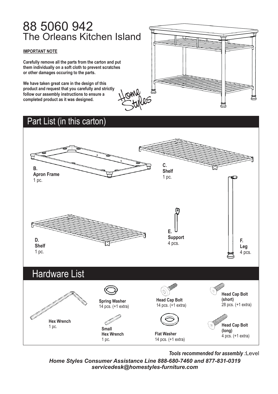 Hardware list, The orleans kitchen island, Part list (in this carton) | Home Styles 5060-94 User Manual | Page 2 / 4