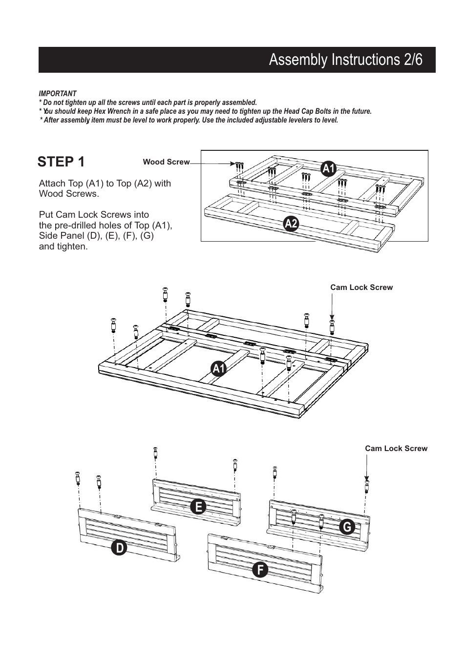 Assembly instructions 2/6, Step 1, De f g | Home Styles 5022-94 User Manual | Page 2 / 6