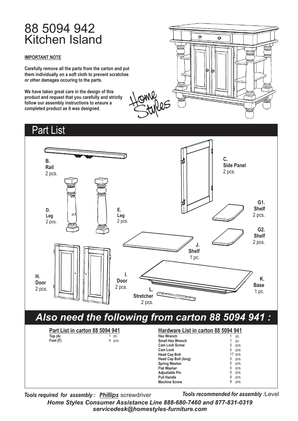 Kitchen island, Part list | Home Styles 5094-94 User Manual | Page 2 / 5