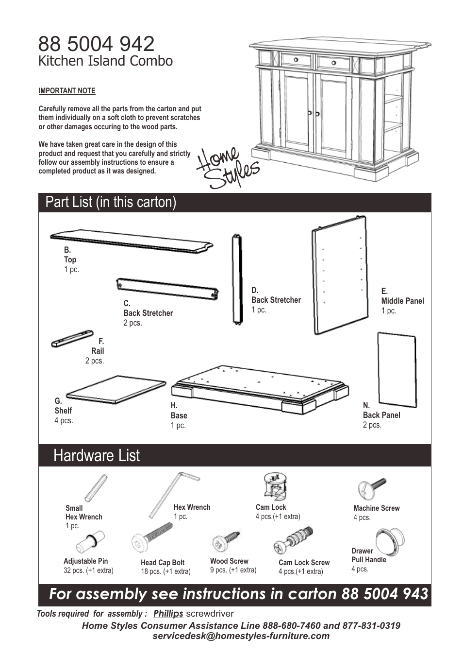 Hardware list, Kitchen island combo | Home Styles 5004-94 User Manual | Page 2 / 6