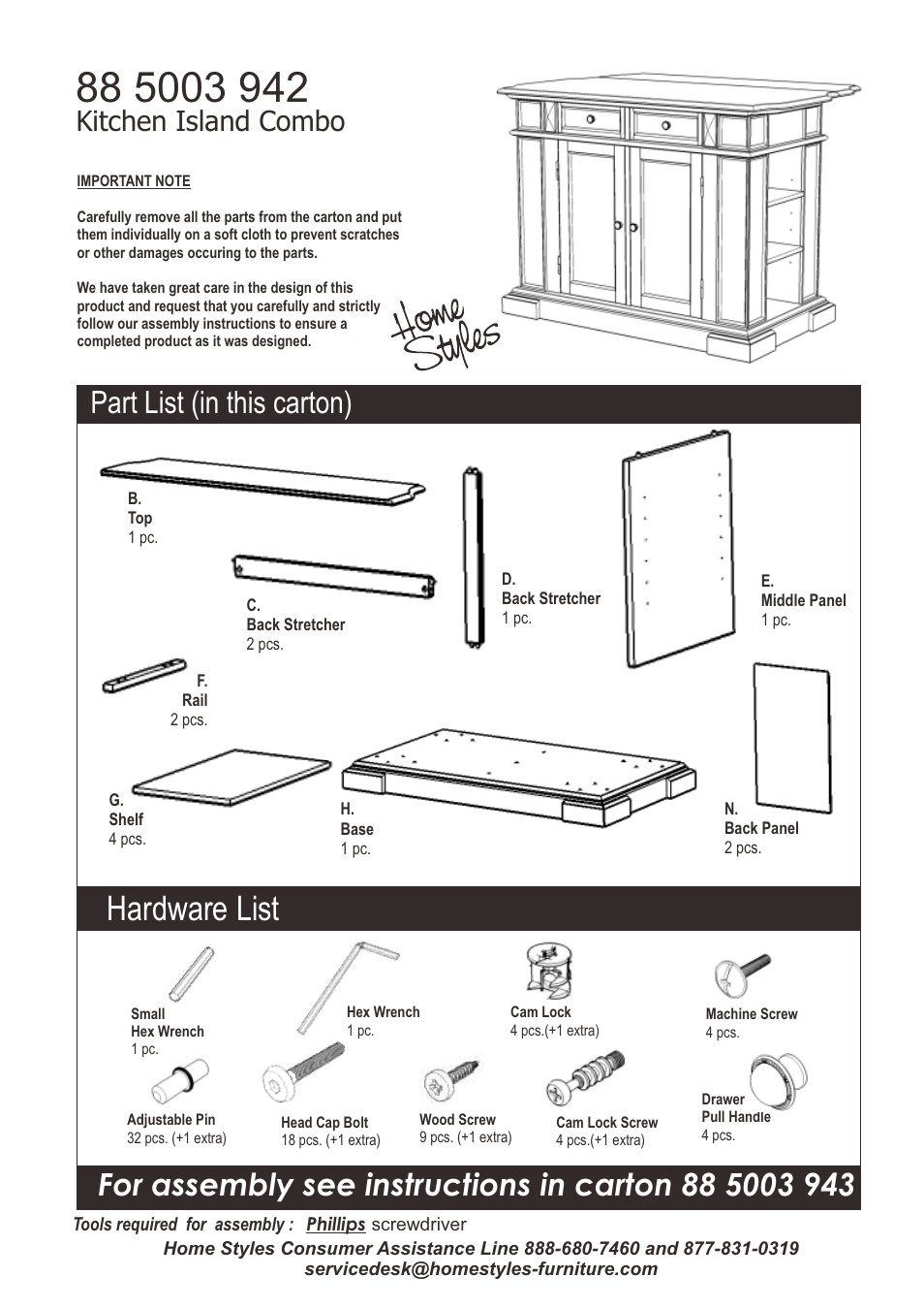 Hardware list, Kitchen island combo | Home Styles 5003-94 User Manual | Page 2 / 6