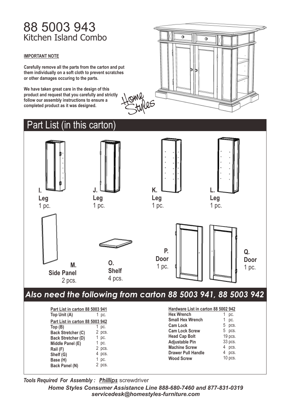 Part list (in this carton), Kitchen island combo | Home Styles 5003-94 User Manual | Page 3 / 6