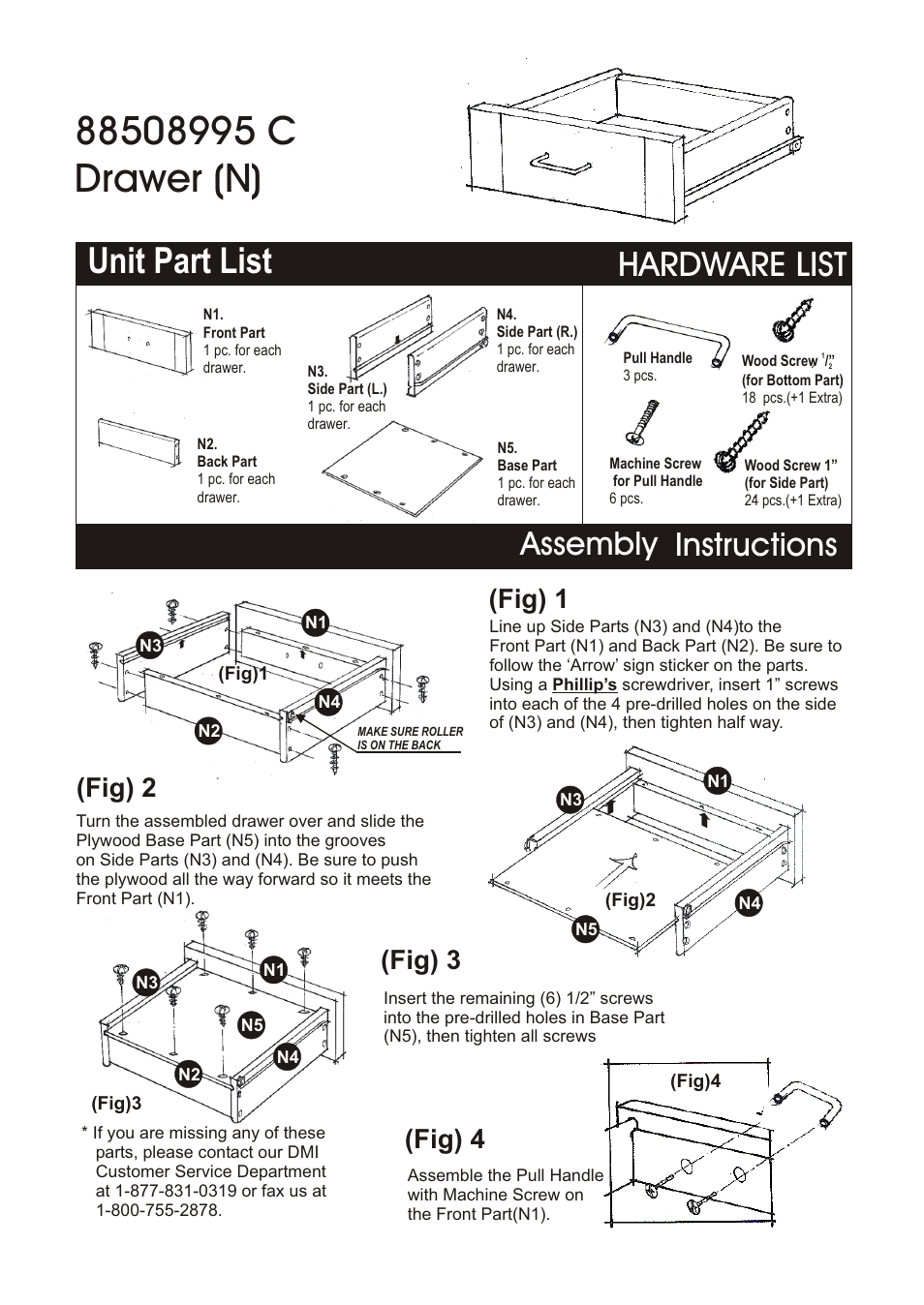 Unit part list, Hardware list, Assembly instructions | Fig) 2 (fig) 3 (fig) 4, Fig) 1 | Home Styles 5089-95 User Manual | Page 5 / 6