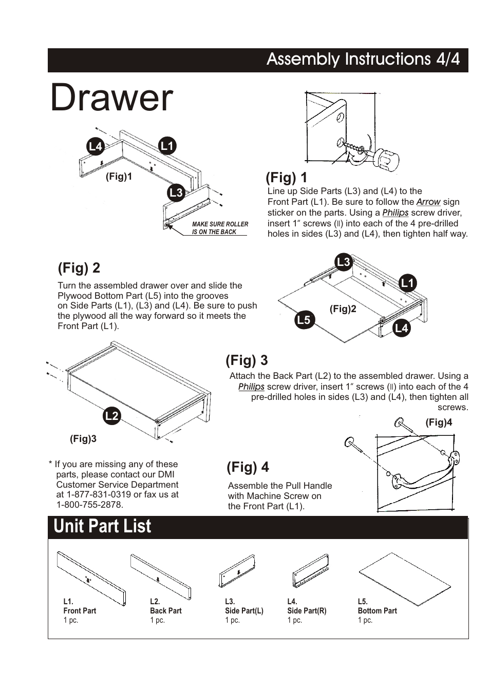 Drawer, Unit part list, Assembly instructions 4/4 | Fig) 1, Fig) 2 (fig) 3 (fig) 4 | Home Styles 5040-95 User Manual | Page 4 / 4