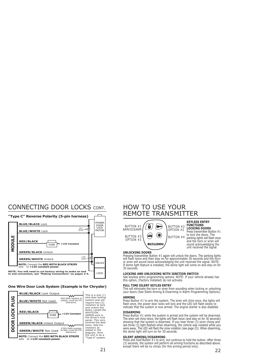 How to use your remote transmitter, Connecting door locks, Door lock plug | Cont, Module | Bulldog Security 1402 User Manual | Page 11 / 14