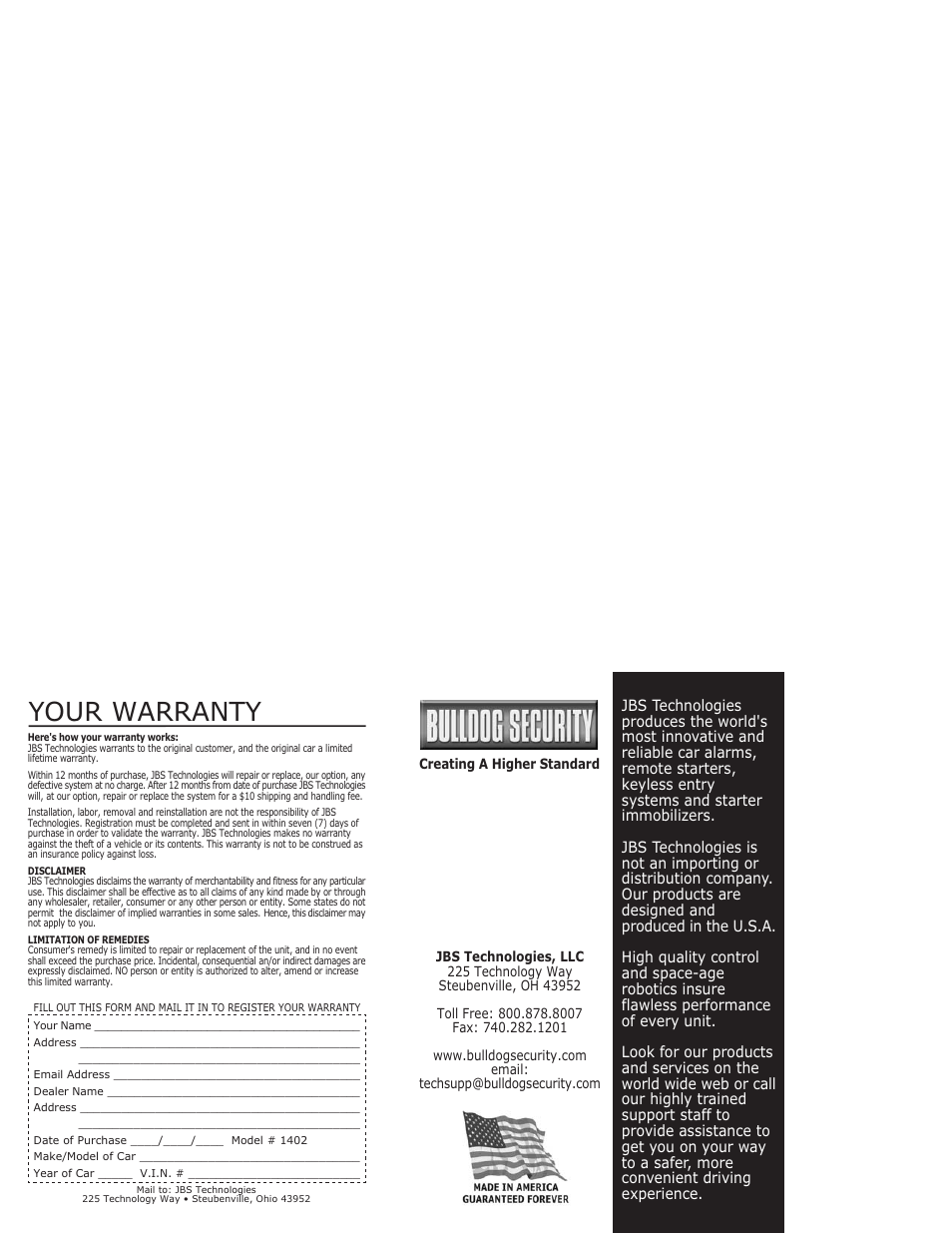 Your warranty | Bulldog Security 1402 User Manual | Page 14 / 14