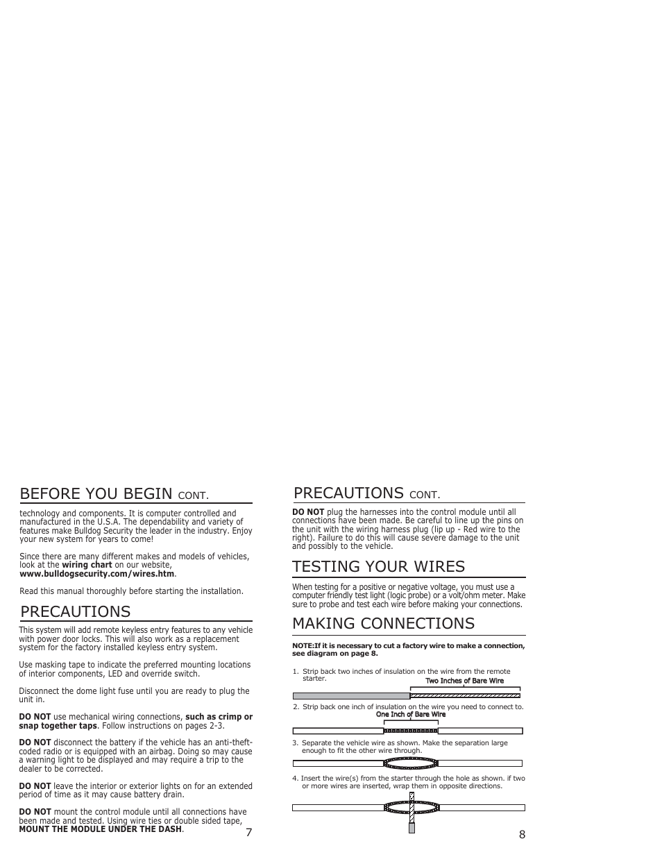Before you begin, Precautions, Testing your wires precautions | Making connections | Bulldog Security 1402 User Manual | Page 4 / 14