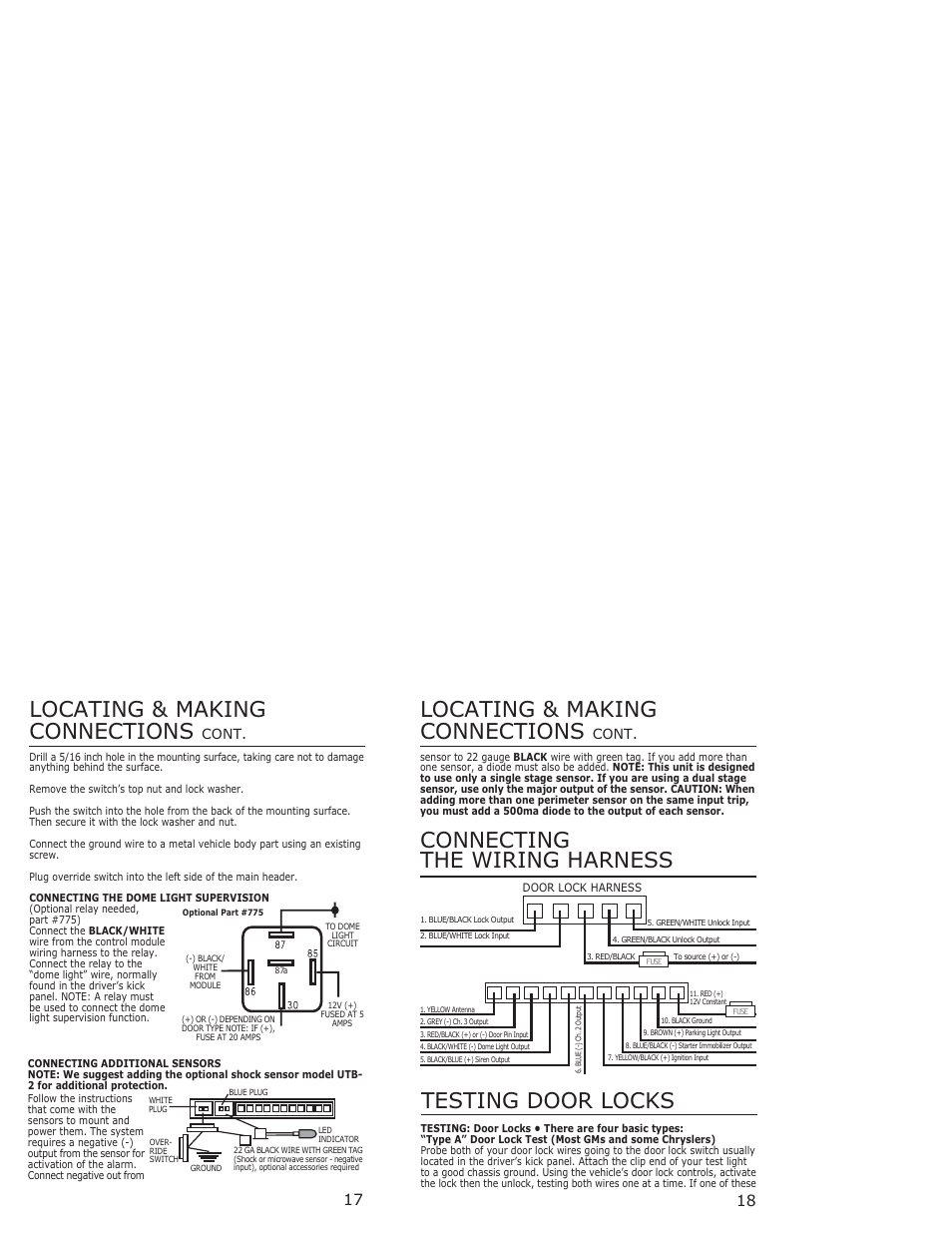 Testing door locks locating & making connections, Connecting the wiring harness, Locating & making connections | Cont | Bulldog Security 1402 User Manual | Page 9 / 14