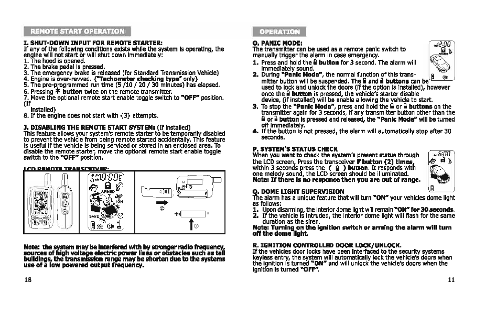 I. shl/t-down input for remote starter, Disabling the remote start system: (if installed, Ir/aesr | Aigh voltage electric power linea or ol, Panic mode, P. system's status check, Q. dome iight supervision, R. ignition controlled door lock/unlock, O. panic mode, P. system status check | Bulldog Security DELUXE 500 User Manual | Page 11 / 14