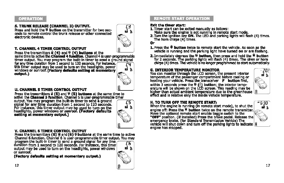 S. trunk release (channel 3) output, T. channel 4 timer control output, U. channel 5 hmer control output | V. channel 6 timer control output, Exit tho tlnior start, G. interior temperature monitor, H. to turn off the remote starts, T. channel 4 timer output, U. channel 5 timer output, V. channel 6 timer output -13 | Bulldog Security DELUXE 500 User Manual | Page 12 / 14