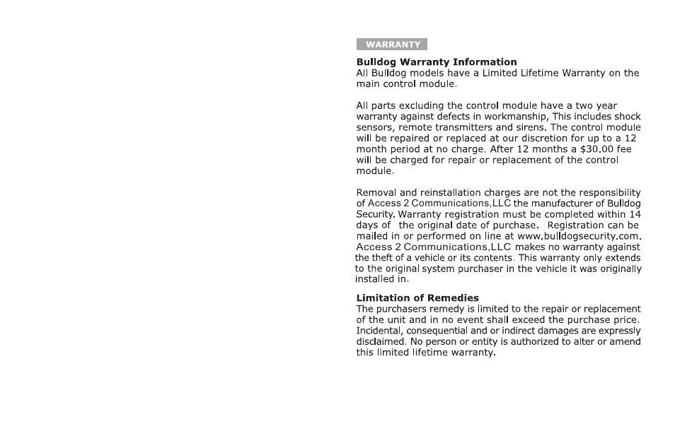 Bulldog warranty information, Limitation of remedies | Bulldog Security DELUXE 500 User Manual | Page 2 / 14