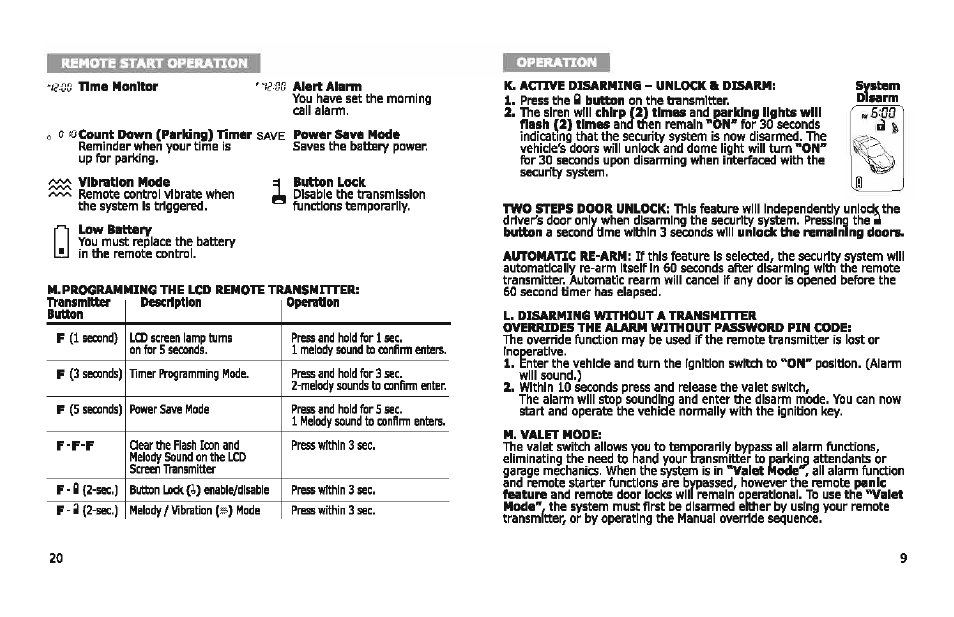 00 alert alarm, Vibration mode, M. valet mode | M. valet mode -10 | Bulldog Security DELUXE 500 User Manual | Page 9 / 14