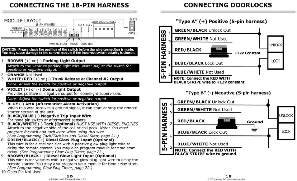 Connecting the 18-pin harness, Connecting doorlocks, Ii) hi e) iii 0 d] dl 0 | Bulldog Security 22I User Manual | Page 10 / 12