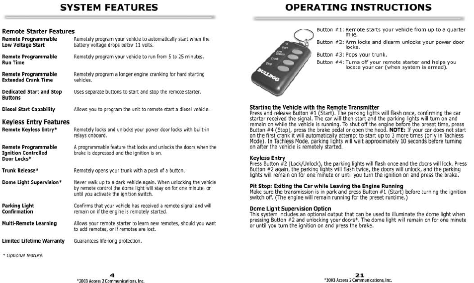 Remote starter features, Keyless entry features, System features | Operating instructions | Bulldog Security 22I User Manual | Page 4 / 12