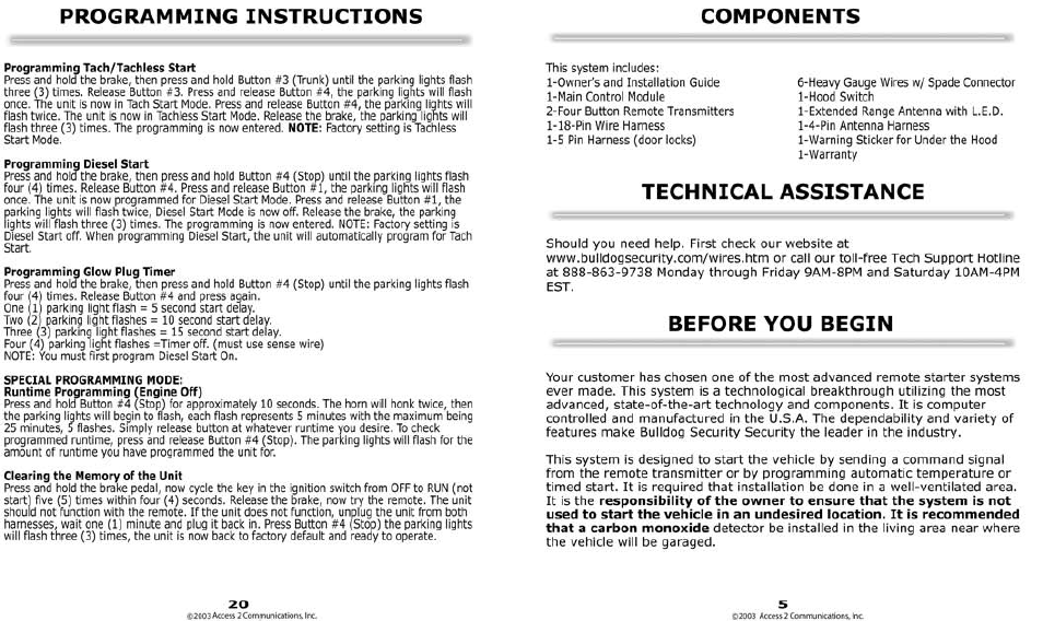 Technical assistance, Before you begin, Programming instructions | Components | Bulldog Security 22I User Manual | Page 5 / 12