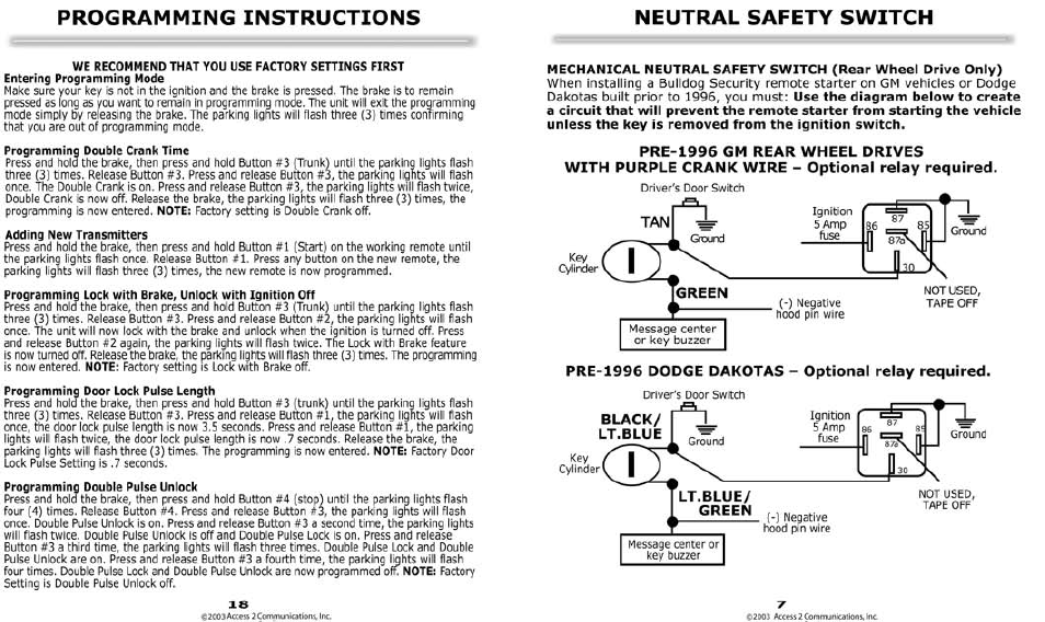 Programming instructions neutral safety switch, Pre-1996 dodge dakotas - optional relay required, C200j acmtzcommwnkmtonvinc | Bulldog Security 22I User Manual | Page 7 / 12