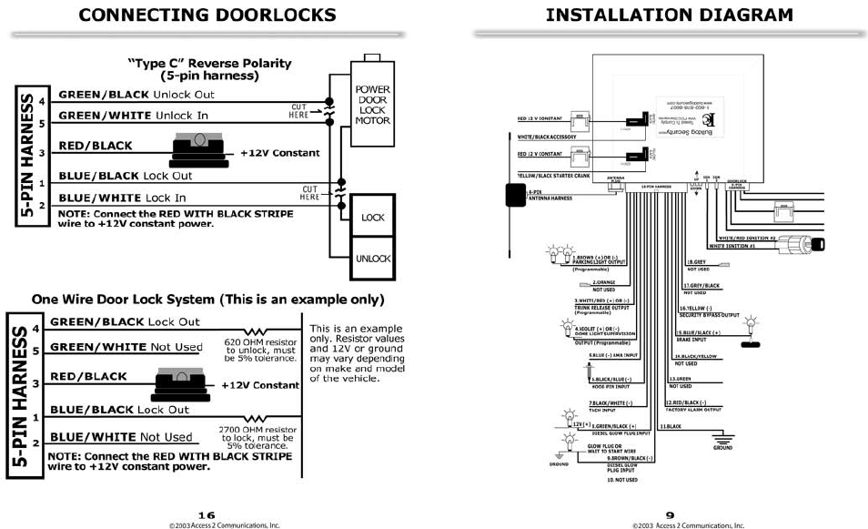 Connecting doorlocks, Type c" reverse polarity (5-pin harness), Installation diagram | Connecting door locks -17, I/i 4 | Bulldog Security 22I User Manual | Page 9 / 12