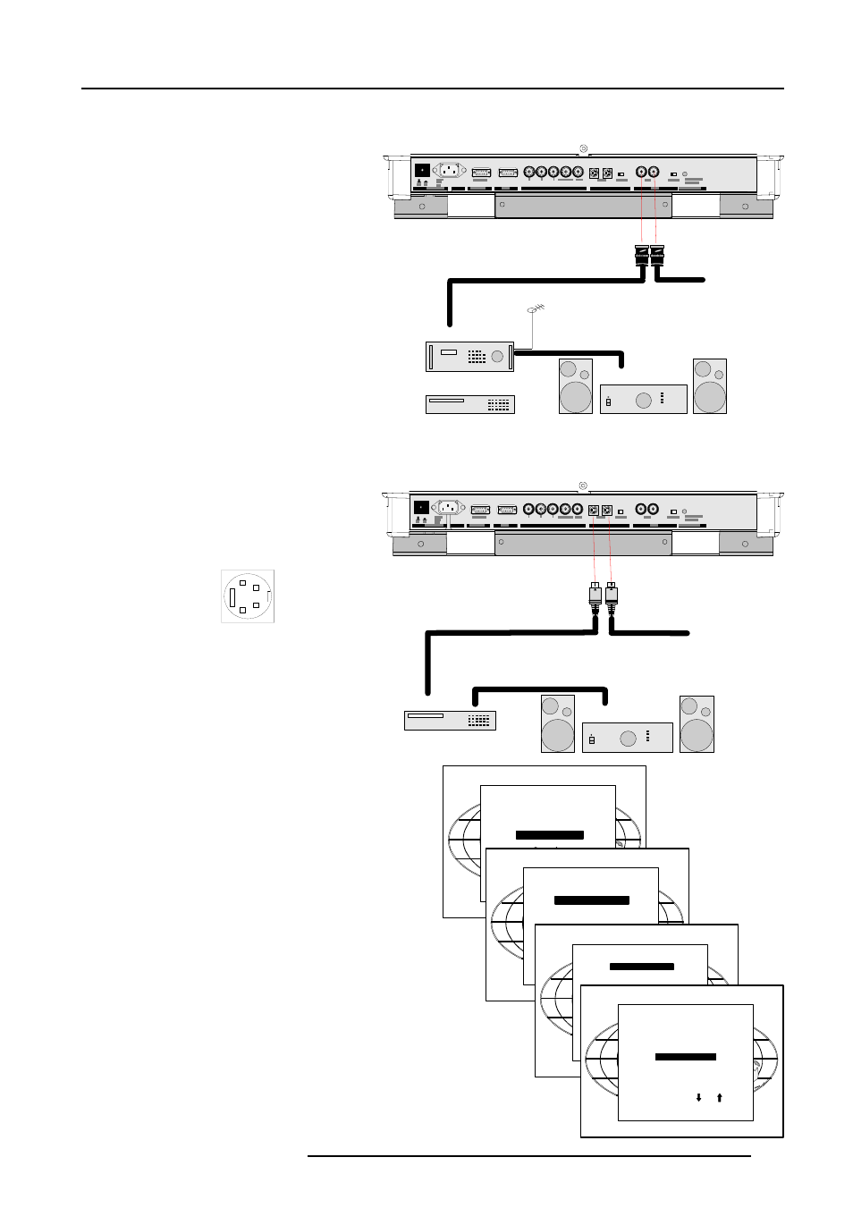 Connections, Connecting a composite video source to port 1, Connecting a s-video or video source to port 2 | Enter, Input selection, Adjust, Highlight 'picture tuning' and press, Select 'selected source' and press, Key. select 'random access' and press, 4 pin connector configurations | Barco R9000901 User Manual | Page 12 / 55