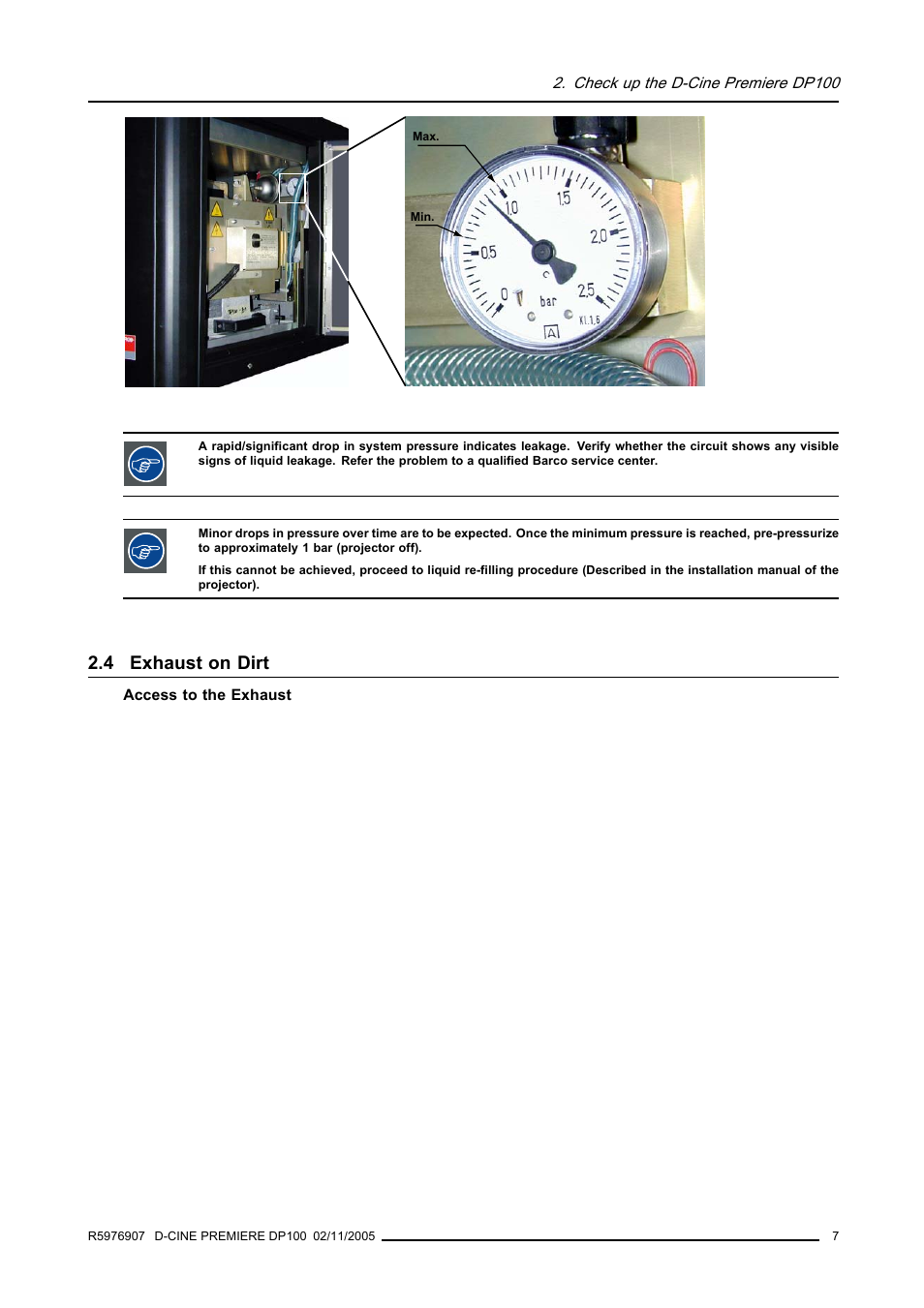 4 exhaust on dirt, Exhaust on dirt | Barco R9010111 User Manual | Page 11 / 51