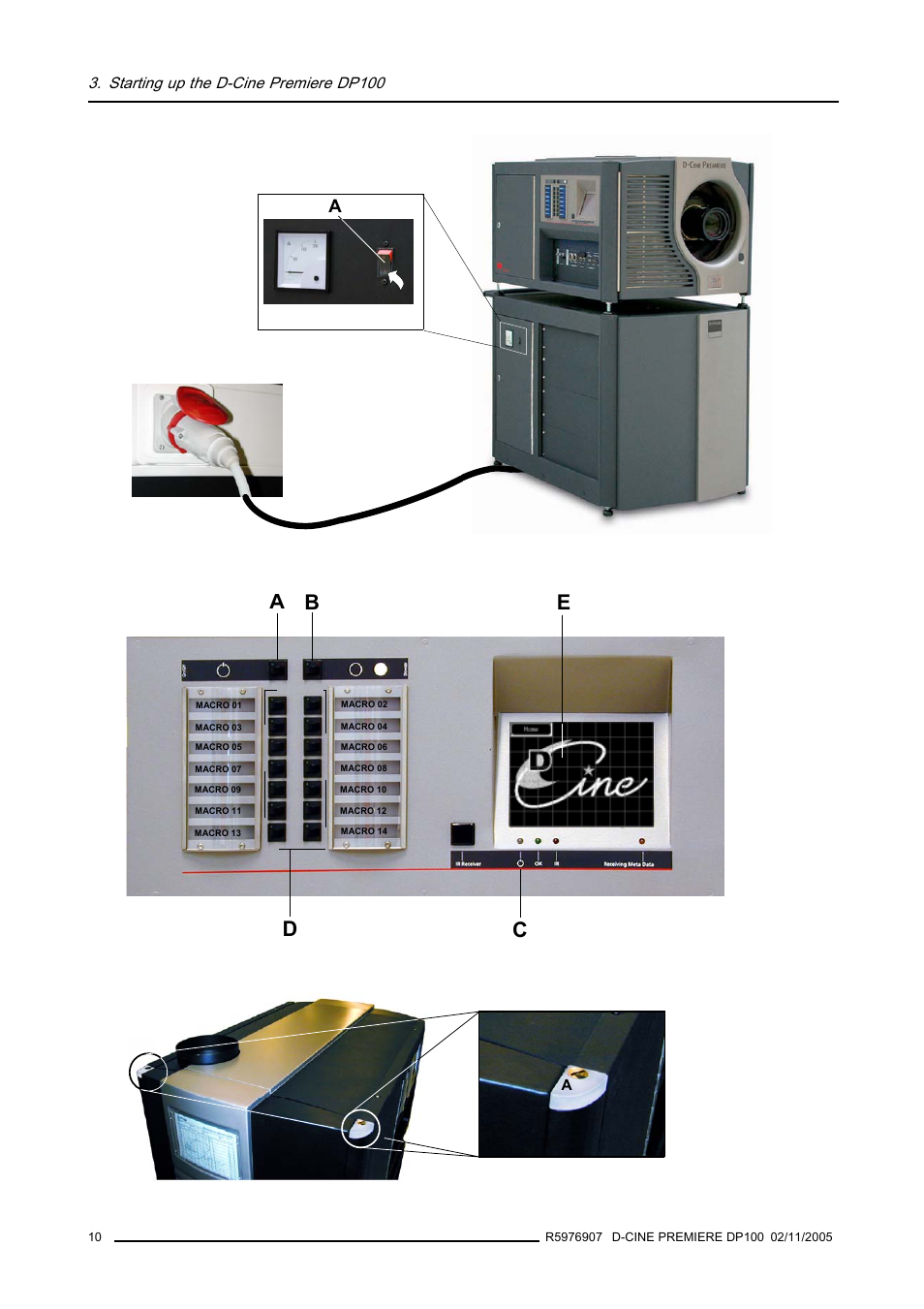 Image 3-1), Image 3-2, image 3-3), Image 3-2) | Image 3-3), A b d c, Starting up the d-cine premiere dp100 | Barco R9010111 User Manual | Page 14 / 51