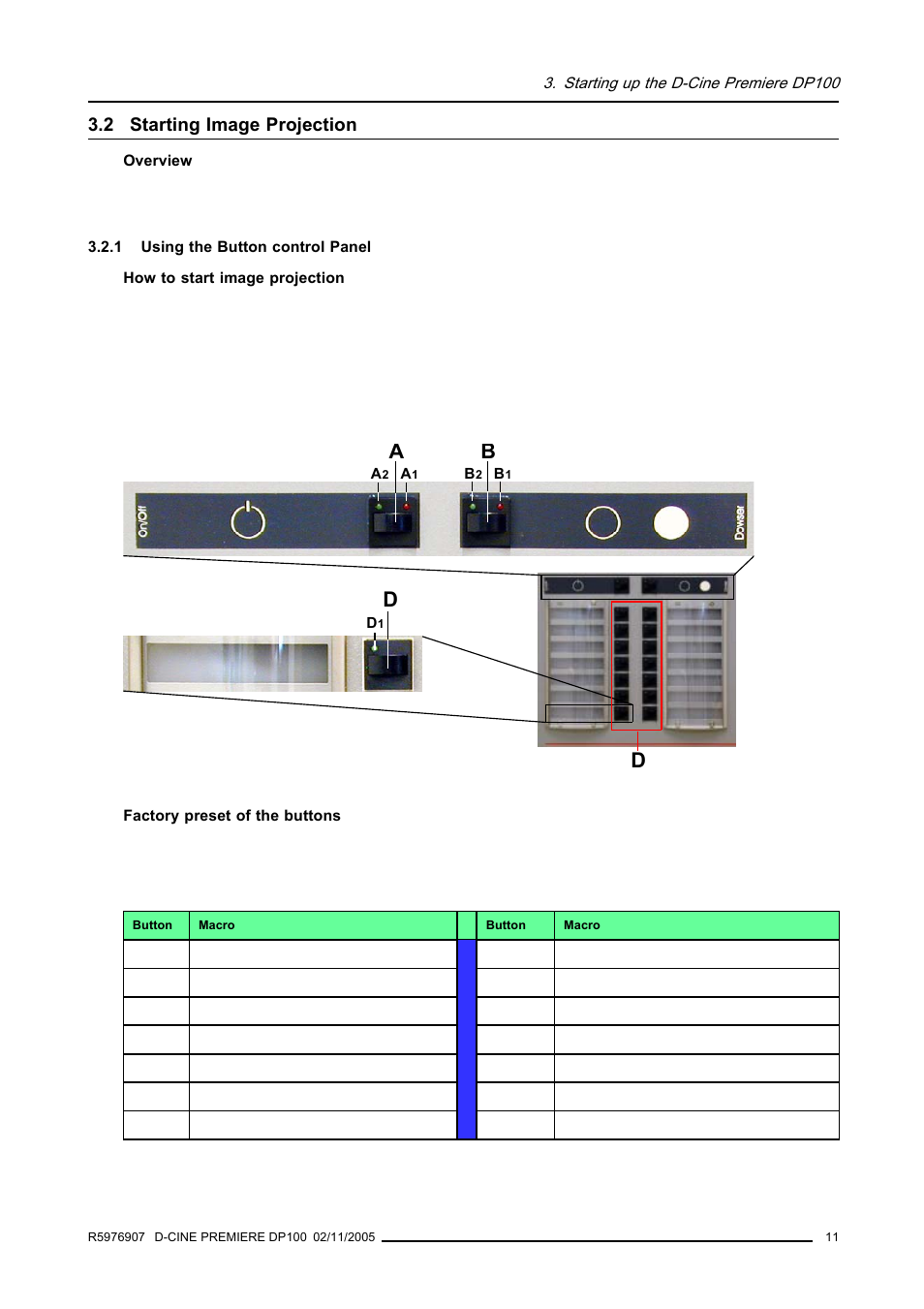 2 starting image projection, 1 using the button control panel, Starting image projection | Using the button control panel | Barco R9010111 User Manual | Page 15 / 51