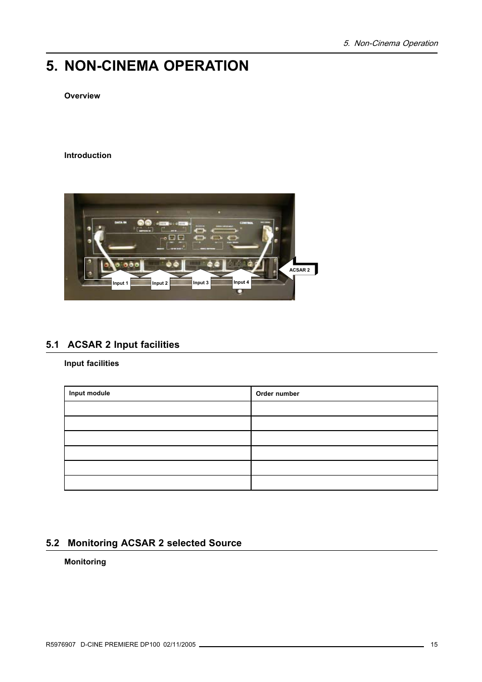 Non-cinema operation, 1 acsar 2 input facilities, 2 monitoring acsar 2 selected source | Acsar 2 input facilities, Monitoring acsar 2 selected source | Barco R9010111 User Manual | Page 19 / 51