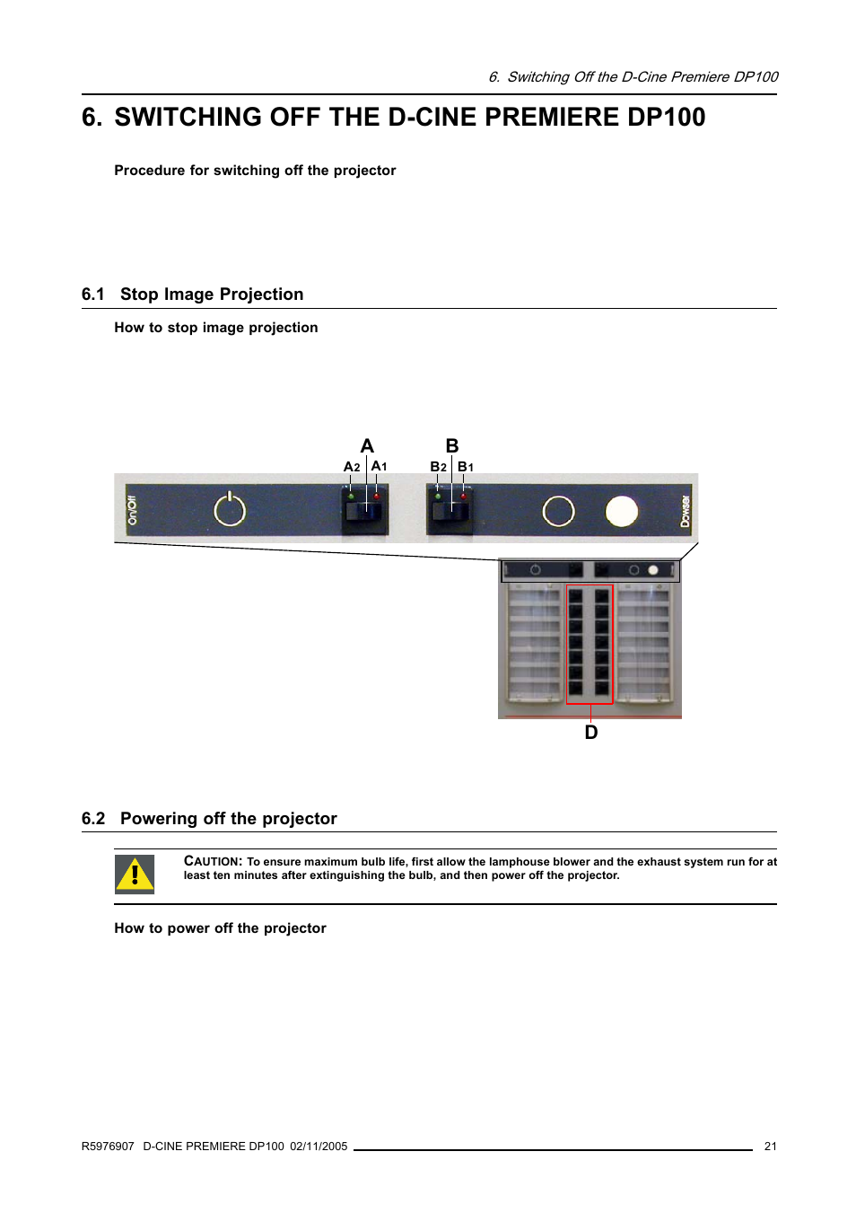 Switching off the d-cine premiere dp100, 1 stop image projection, 2 powering off the projector | Stop image projection, Powering off the projector | Barco R9010111 User Manual | Page 25 / 51