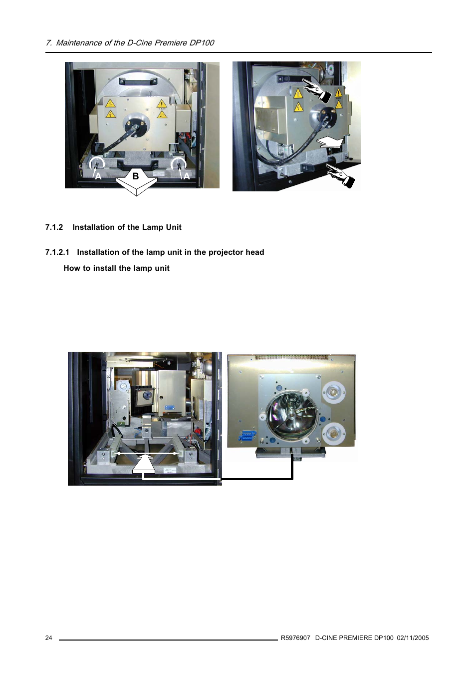 2 installation of the lamp unit, Installation of the lamp unit, Image 7-2) | Barco R9010111 User Manual | Page 28 / 51