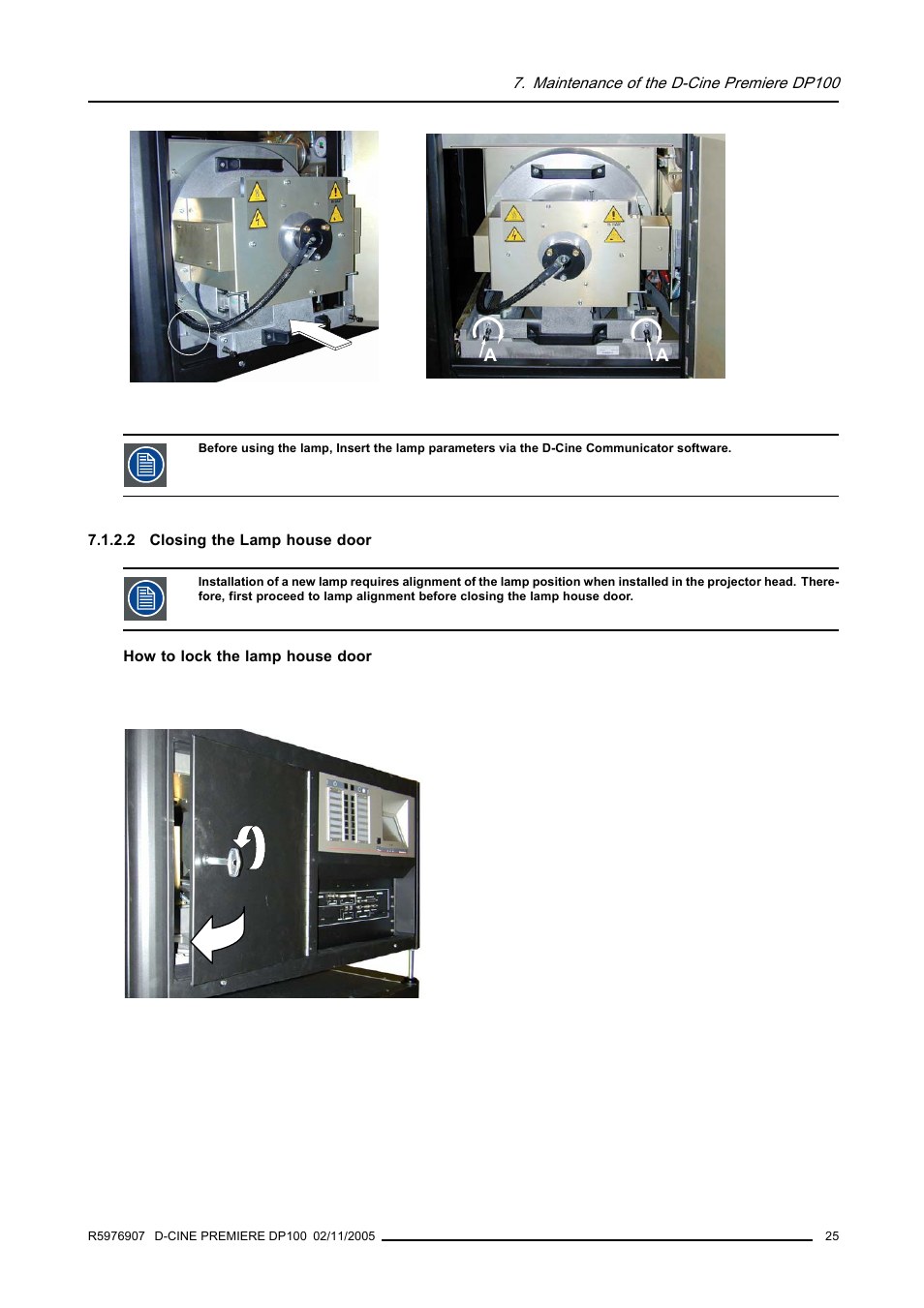 2 closing the lamp house door, Closing the lamp house door | Barco R9010111 User Manual | Page 29 / 51