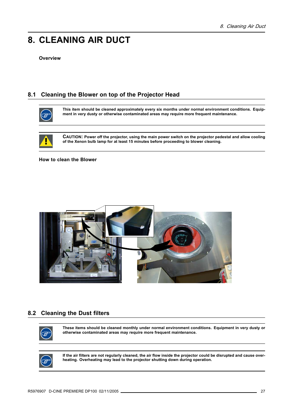 Cleaning air duct, 1 cleaning the blower on top of the projector head, 2 cleaning the dust filters | Cleaning the blower on top of the projector head, Cleaning the dust filters | Barco R9010111 User Manual | Page 31 / 51