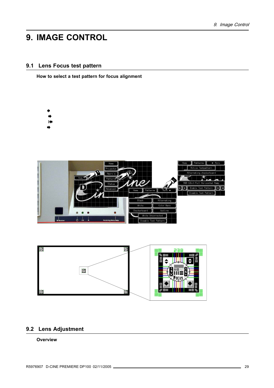 Image control, 1 lens focus test pattern, 2 lens adjustment | Lens focus test pattern, Lens adjustment | Barco R9010111 User Manual | Page 33 / 51