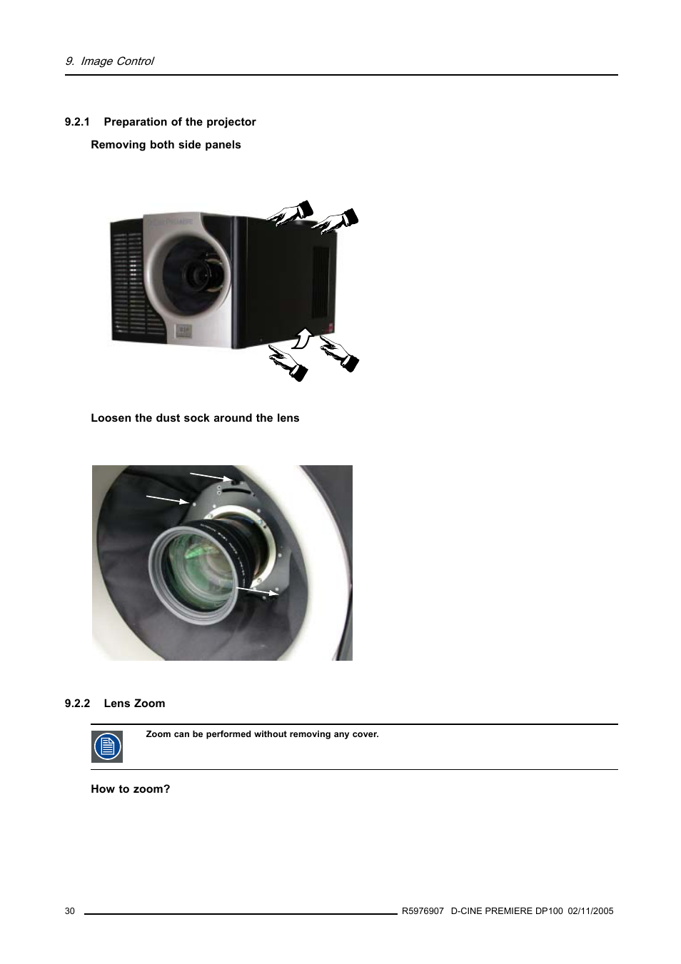 1 preparation of the projector, 2 lens zoom, Preparation of the projector | Lens zoom | Barco R9010111 User Manual | Page 34 / 51