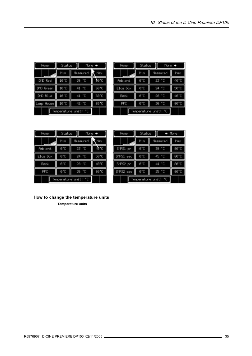 Image 10-8, Image 10-9), Image 10-10) | Status of the d-cine premiere dp100 | Barco R9010111 User Manual | Page 39 / 51