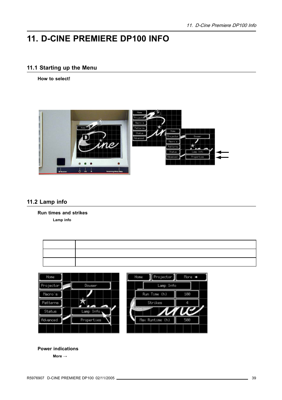 D-cine premiere dp100 info, 1 starting up the menu, 2 lamp info | 39 11.2 lamp info | Barco R9010111 User Manual | Page 43 / 51